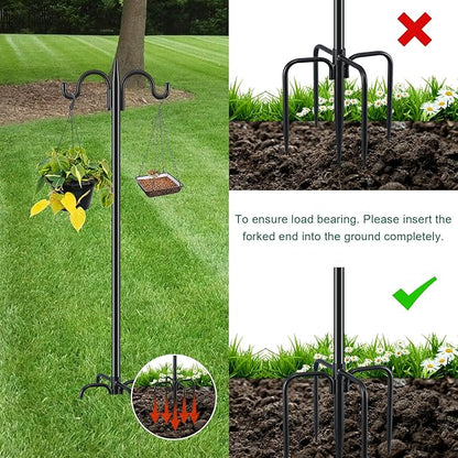 Gtongoko Bird Feeder Pole for Outdoors Heavy Duty, 2 Pack 77 Inch Double Shepherds Hook with 5-Prong Stable Base, 3/4 Inch Thick Hummingbird Feeder Stand for Hanging Plants, Lanterns