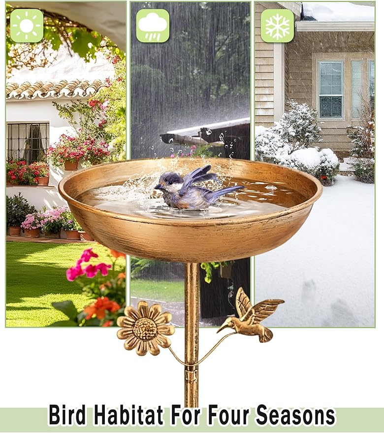 Freestanding Bird Bath with Metal Stake - 11” Antique Bronze Metal Birdbath Bowl & Feeder for Outdoor Garden Yard Decor