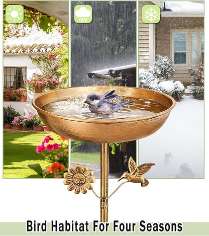 Freestanding Bird Bath with Metal Stake - 11” Antique Bronze Metal Birdbath Bowl & Feeder for Outdoor Garden Yard Decor