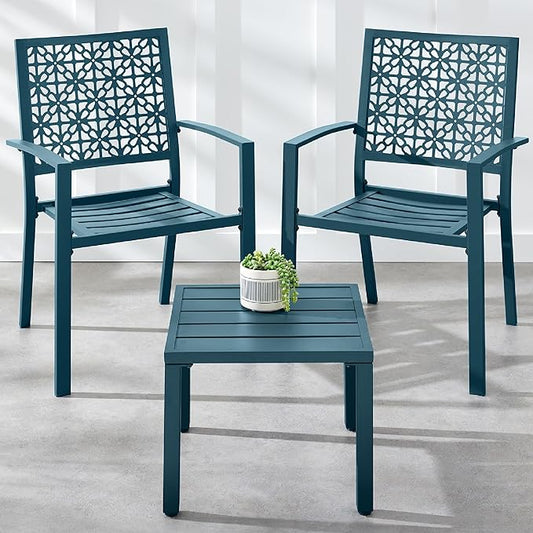 Best Choice Products 3-Piece Outdoor Bistro Set, Stackable Modern Steel Furniture for Porch, Garden w/ 2 Chairs, Table, Geometric Decor - Peacock Blue