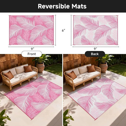 Pauwer Waterproof Outdoor Rug 6x9, Reversible Plastic Straw Patio Camping Rug, Indoor Outdoor RV Mat Carpet for Deck, Camper, Porch, Balcony, Backyard, Picnic, Leaf Pink