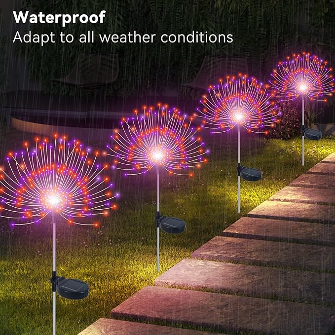 Slyuexu Solar Garden Lights Outdoor Waterproof, 2 Pack 120 LED Solar Firework Lights Decorative Garden Décor Outside for Flowerbed Pathway Party Halloween Christmas Decorations, Purple + Orange