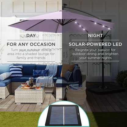 Best Choice Products 10ft Solar LED Offset Hanging Market Patio Umbrella for Backyard, Poolside, Lawn and Garden w/Easy Tilt Adjustment, Polyester Shade, 8 Ribs - Lavender