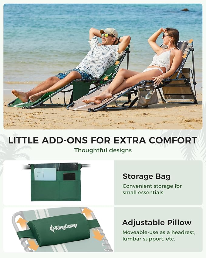 KingCamp Tanning Chair with Face Hole, Lounge Chairs Outdoor Folding Portable Comfy Adjustable 5-Position Foldable Chaise Chaser with Canopy Shade for Outside Beach Patio Sun Bathing Pool, Green/White