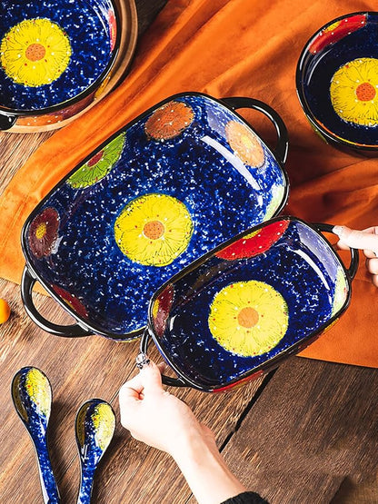 Vintage Style Pottery Bakeware Colorful Daisy Pattern Ceramic Casserole Dish Baking Pan Lasagna Pans Baking Dish with Handles from Oven to Table Plate-1 PCS, 22 OZ