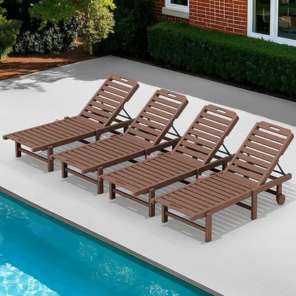 SERWALL Patio Chaise Lounge Set of 4, HDPE Outdoor Lounge Chair with Cup Holder, 5 Positions Adjustable Poly Lounge Chair with Rolling Wheels for Poolside, Deck, Sunbathing, Brown