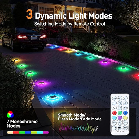 AGPTEK RGB Solar Deck Lights with Remote Control 12 Pack, One-Click Sync Group Control & 10 Light Modes & RGB Chasing, Outdoor Decorative Driveway Marker for Pathway, Dock, Step, Walkway, Yard, Garden