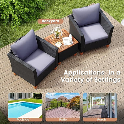 COSTWAY 3 Pieces Patio Rattan Furniture Set, Outdoor Wicker Conversation Chairs Set with Acacia Wood Coffee Table & Washable Cushion, Porch Furniture Bistro Set for Balcony, Garden, Backyard, Grey