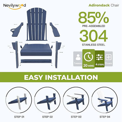 nevilywood Folding Adirondack Chair with Cup Holder Set of 4, HDPE Patio Chairs,All-Weather Outdoor Chairs for Backyard, Deck,Fire Pit-NavyBlue