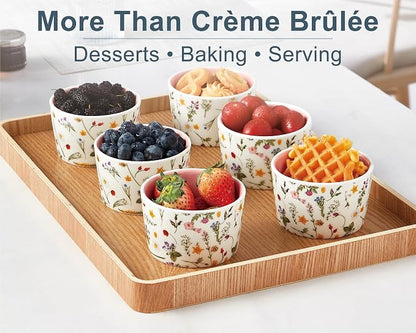 ONEMORE 6 oz Ramekins Oven Safe, Floral Ceramic Ramekin Set of 6 Pink Ramekins for Baking & Serving, Creme Brulee Dishes, Custard Pudding Souffle Cups, Small Dessert Bowls for Oven, Air Fryer