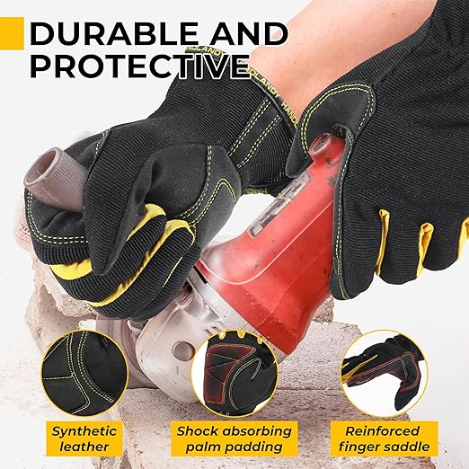 HANDLANDY Work Gloves Mens & Women, Utility Safety Mechanic Working Gloves Touch Screen, Flexible Breathable Yard Work Gloves (X-Large, Black-Yellwo)