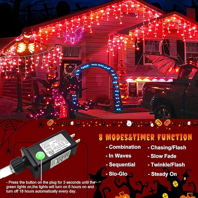 Icicle Lights for Outside, 66ft 640 LED Icicle Christmas Lights Outdoor with 120 Drops 8 Modes, Waterproof Red Christmas Light for House Plug in for Indoor Party Holiday Halloween Decorations