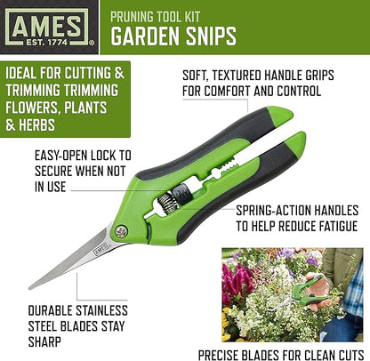 AMES 20213344 4-pc. Pruning Tools Kit with Bypass & Anvil Pruners, Garden Snips, Grass Shears & Canvas Case