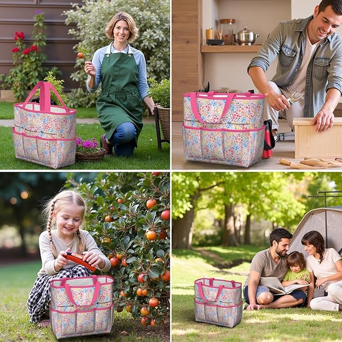 Boho Garden Tool Bag - Waterproof Floral Garden Tote with 8 Pockets, Large Storage Home Organizer Gardening Tool Oxford Bag for Garden Tools Kits Holder, Ideal Outdoor Gardening Gift for Women & Men