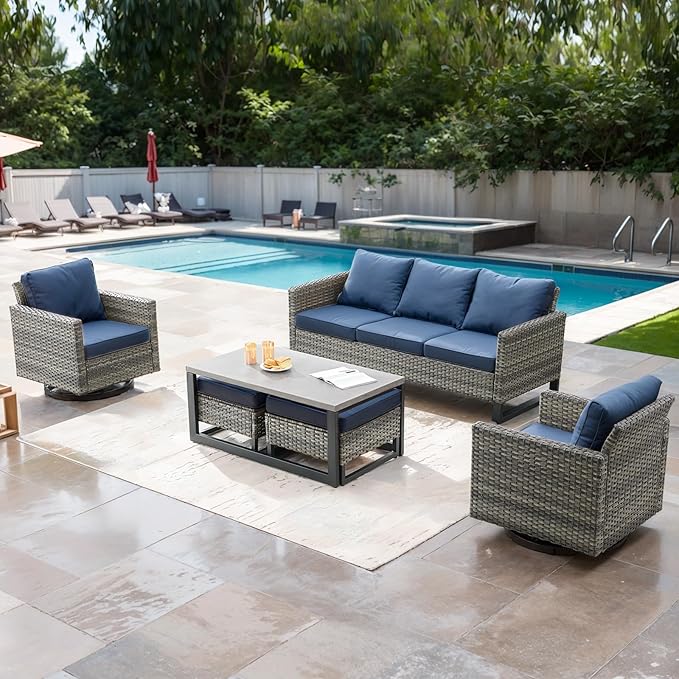 Wicker Outdoor Patio Furniture Set - 6 Piece Patio Conversation Set with 2 Swivel Rocker Chairs,2 Rattan Ottoman,1 Couch and 1 Metal Coffee Table for Outside Porch Deck Backyard(Mixed Grey/Blue)