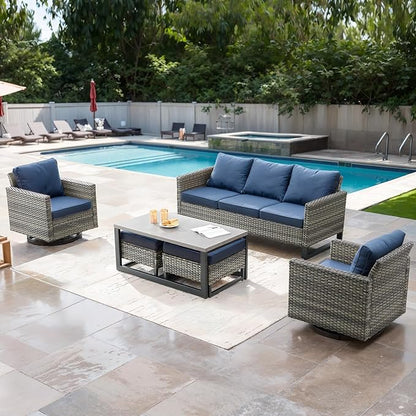 Rilyson Wicker Outdoor Couch Patio Sofa - 3 Seater Rattan Outdoor Patio Couch with Waterproof Wicker,Comfortable Cushions and Sturdy Metal Frame for Outside Porch Deck Backyard(Mixed Grey/Blue)