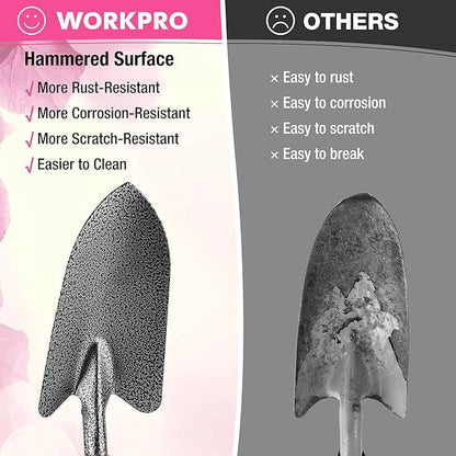 WORKPRO 6-Piece Pink Garden Tool Set, Heavy Duty Gardening Hand Tools with Soft Rubber Handle, Including Trowel, Rakes, 2-in-1 Hoe and Crack Weeder, Ideal Gardening Gifts for Men and Women