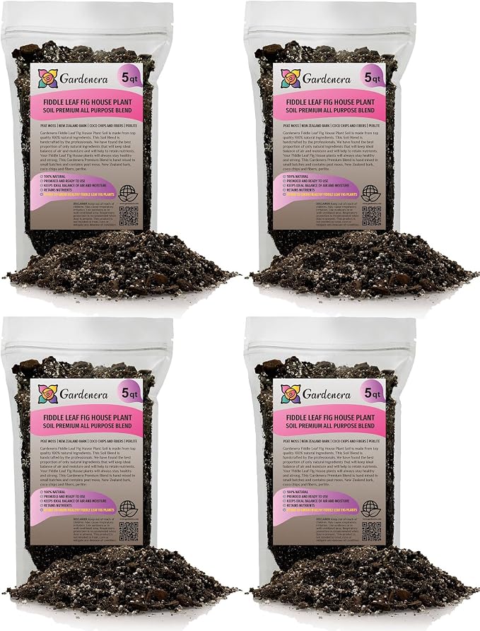 Gardenera Fiddle Leaf Fig Soil Mix - 20 Quart - Premium Blend of Peat Moss, New Zealand Bark, Coco Chips, and Perlite for All Purpose Planting - 4 Bags of 5 Quart