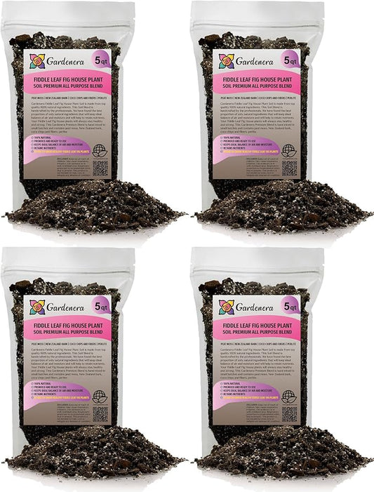 Gardenera Fiddle Leaf Fig Soil Mix - 20 Quart - Premium Blend of Peat Moss, New Zealand Bark, Coco Chips, and Perlite for All Purpose Planting - 4 Bags of 5 Quart