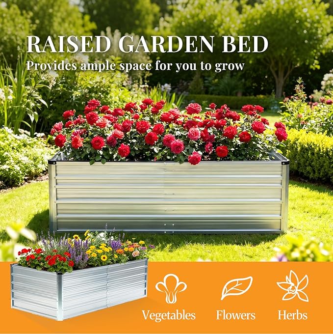 NEWBULIG 6x3x2ft Galvanized Raised Garden Bed, Outdoor Metal Planters Box, Large Garden Beds for Planting Vegetables, Flowers & Herbs, Easy Assembly, Silver