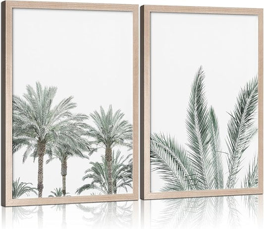 Framed Vintage Canvas Wall Art Palm Tree Leaves Poster Picture Modern Countryside Painting Nature Scenery Contemporary Home Print Living Room Gallery Office Ready to Hang 12x16 Inch x2