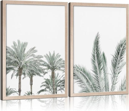 Framed Vintage Canvas Wall Art Palm Tree Leaves Poster Picture Modern Countryside Painting Nature Scenery Contemporary Home Print Living Room Gallery Office Ready to Hang 16x24 Inch x2