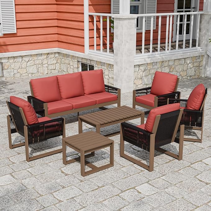 Rustic Hideaway Natural Cedar Wood Outdoor Furniture Set, Wicker Patio Conversation Set for Porch Garden Backyard, Couch, 4 Patio Chairs, Tables, 7 Piece, Brownish/Red