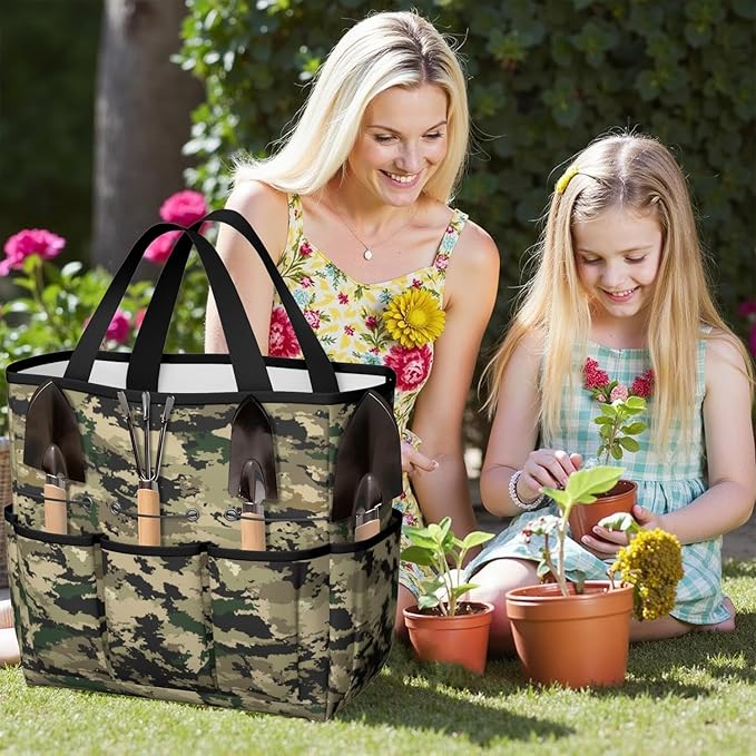 Green Camo Garden Tool Bag - Waterproof Garden Tote with 8 Pockets, Large Storage Home Organizer Gardening Tool Oxford Bag for Garden Tools Kits Holder, Ideal Outdoor Gardening Gift for Women & Men