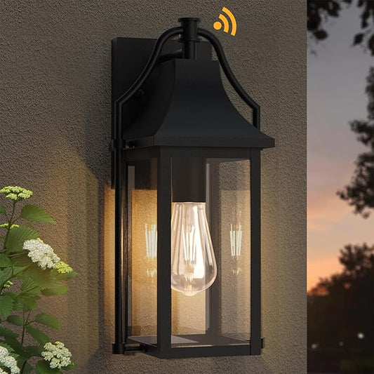 Dusk to Dawn Outdoor Wall Light, Waterproof Wall Sconces, Exterior Wall Mount Lantern Sconce with Glass, Black Patio Lanterns for House Garage Front Door, 14.8in, 1 Pcak