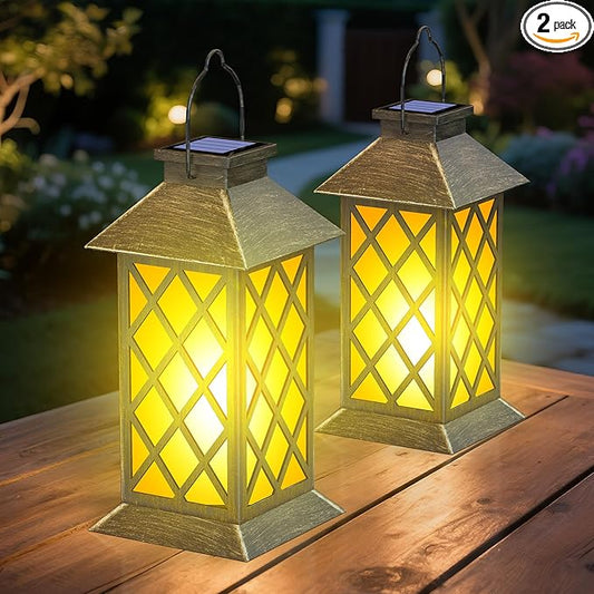 2 Pack 13" Solar Lanterns with Flickering Flame Candle, Outdoor Waterproof Hanging Lantern Lights Metal & Glass for Patio, Pathway, Garden Decorative, Gifts for Mom