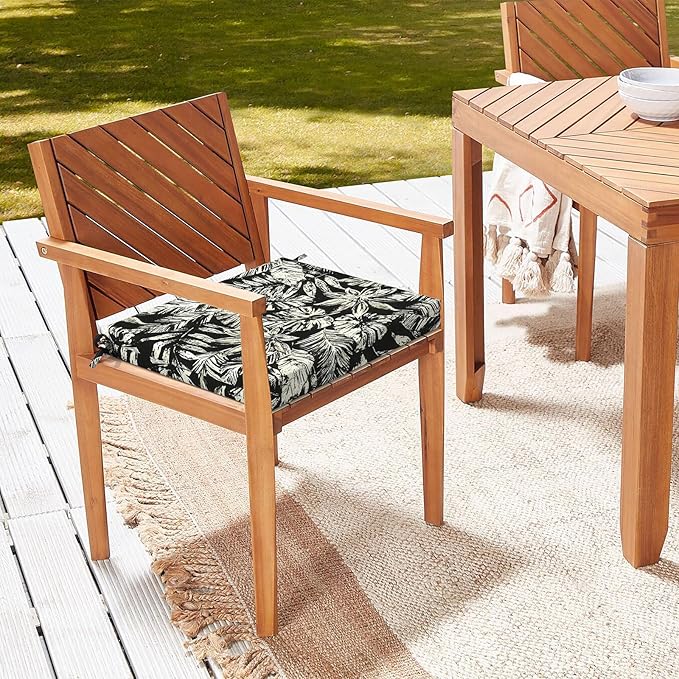 LVTXIII Outdoor Chair Cushions 18.5"x16"x2" Pack of 2, Water-Repellent Square Corner Memory Foam Seat Cushions with Ties for Garden Patio Furniture, Tropical Leaf Black