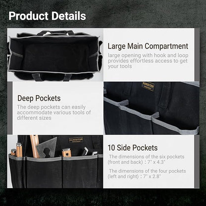 Waxed Canvas Tote Bag, Heavy Duty Multi-Purpose Canvas Tool Bag with 10 Pockets for Screwdrivers/Wrench/Pliers/Electricians Storage, Black