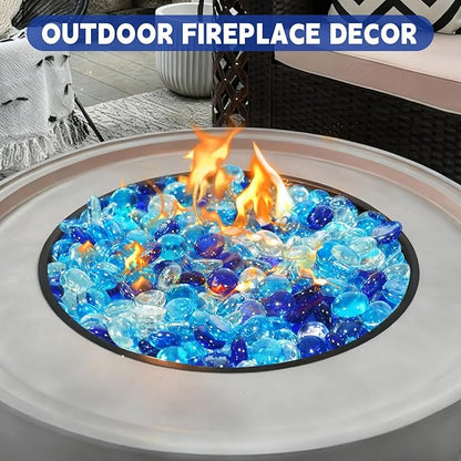 20 Pounds Fire Glass Rocks, 3/4 Mixed Color Fire Glass Beads for Propane Fire Pit, Fireplace and Outdoor Decorative (Caribbean Blue+Cobalt Blue+Crystal Ice)