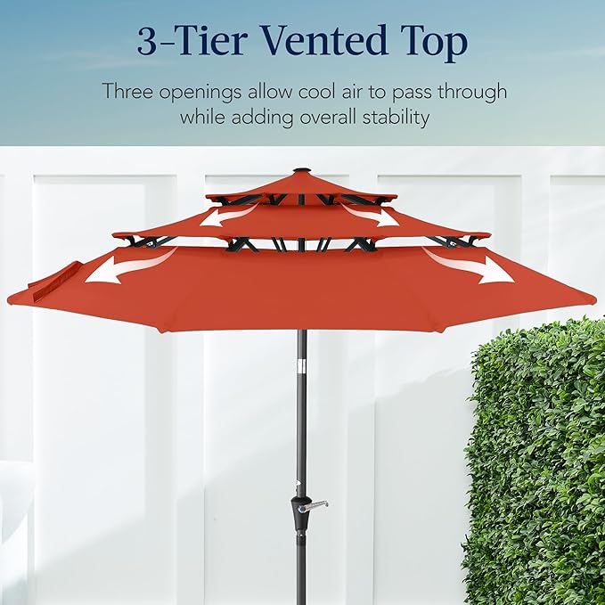 Best Choice Products 10ft 3-Tier Market Patio Umbrella, Outdoor Sun Shade with Tilt, Crank Lift, 8 Ribs for Backyard, Deck, Poolside – Rust