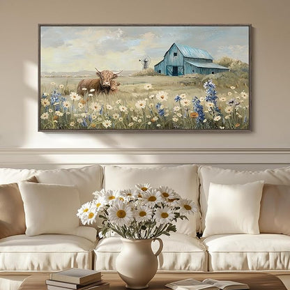 Large Framed Farmhouse Wall Art for Living Room, Highland Cow Country Pictures Wall Art Decor for Bedroom, Vintage Barn Landscape Floral Painting Artwork Print for Living Room Bathroom Kitchen 20x40