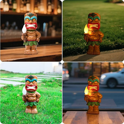Solar Tiki Garden Statues Tiki Statue Holding Torches with Flickering Flame LED Lights for Tiki Bar Porch Lawn Yard Outdoor Decorations Christmas Birthday Gardening Gift for Mom Women