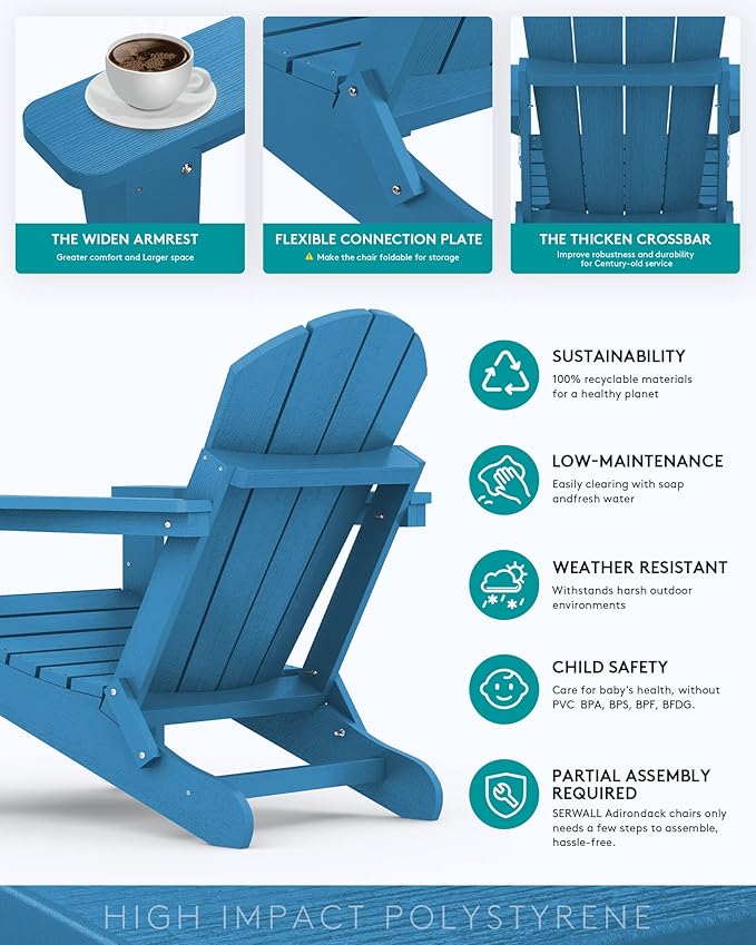 SERWALL Folding Adirondack Chair Set of 4, Weather Resistant HIPS Patio Chairs with Cup Holder for Garden Outdoors Fire Pit Chairs- Sapphire