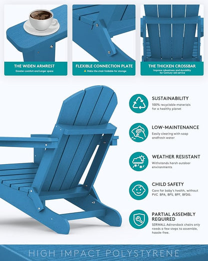 SERWALL Folding Adirondack Chair Set of 4, Weather Resistant HIPS Patio Chairs with Cup Holder for Garden Outdoors Fire Pit Chairs- Sapphire