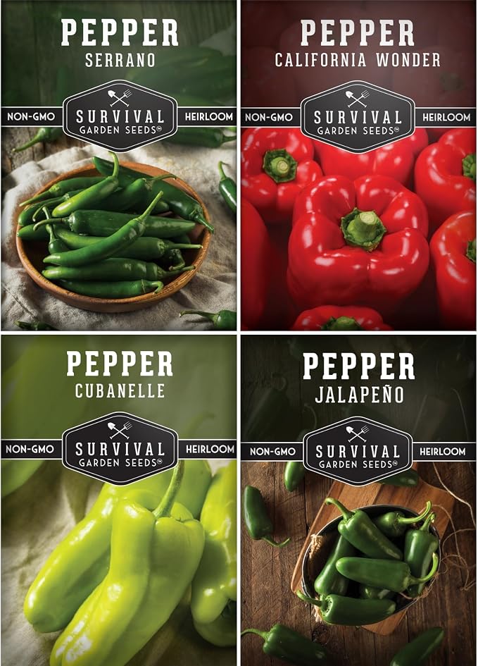 4 Variety Pack Pepper Seed Collection | Jalapeño, Serrano, Cubanelle & California Wonder | Heirloom Non-GMO Hot & Sweet Peppers | Survival Garden Seeds