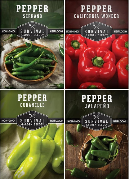 4 Variety Pack Pepper Seed Collection | Jalapeño, Serrano, Cubanelle & California Wonder | Heirloom Non-GMO Hot & Sweet Peppers | Survival Garden Seeds