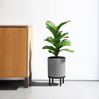 Veradek Demi Series Round Planter w/ Stand for Porch/Patio | Durable Plastic-Concrete & Wooden Stand | Modern Décor for Tall Plants, Flowers