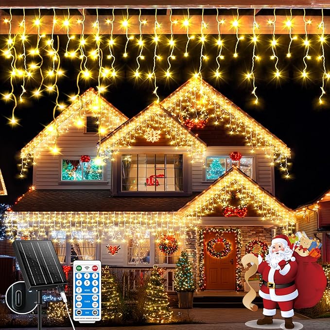 Solar Icicle Christmas Lights Outdoor 66+16Ft 660LED Icicle Lights for Outside with Connectable Rechargeable 8 Modes Remote Dimmable Fairy String Lights for Xmas Yard Eaves Balcony House Decorations