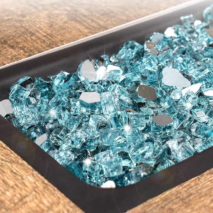 GASPRO 10 lbs Fire Glass for Propane Fire Pit, 1/2-Inch Reflective Fireplace Glass Rocks for Fire Pit Table, Caribbean Blue