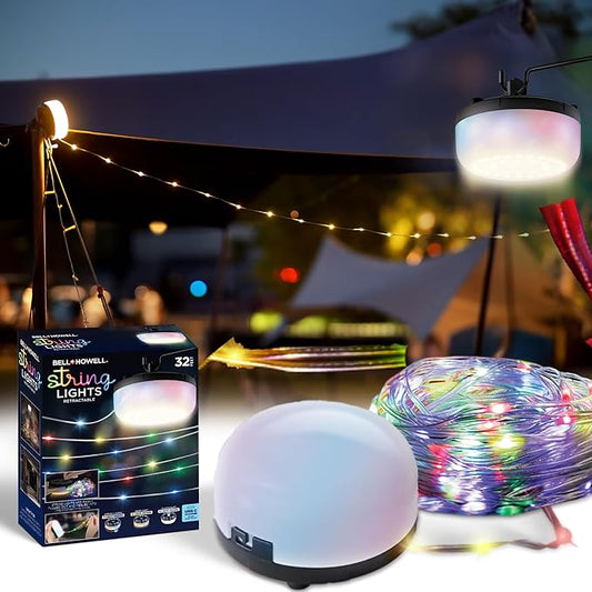 Bell+Howell 32 Ft Retractable Camping String Lights with Flash Light & Hanging Hook, LED Color Changing for Backyard, Holidays, Portable String Lights Outdoor Waterproof IP65, USB-C Cable Included