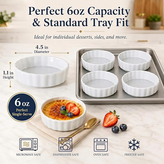 6oz Creme Brulee Ramekins Set of 4 - Ceramic Baking Dishes, Non-Stick Porcelain Pie Dish, Wave Round Baking Dish for Dessert, Pie, Tart, Souffles, Appetizers, Oven and Dishwasher Safe