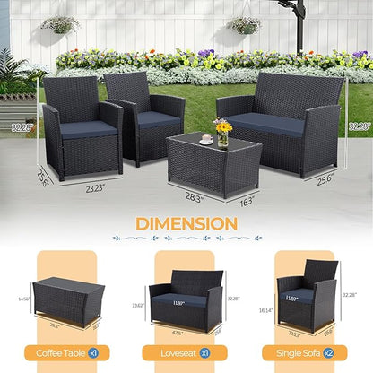FHFO 4 Piece Outdoor Patio Furniture Sets, Outdoor Sectional Furniture Wicker Conversation Sofa Set for Outside Balcony Porch Backyard (Black-Blue)