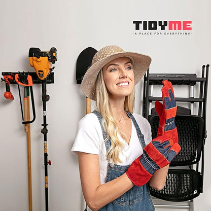 Heavy-Duty Garage Wall Storage System | Wall Mounted Tool Organizer Rack with Shelving | 10-Piece Mounting Kit | Includes 4x8.5” Adjustable Hooks & 2x16.5” Floating Utility Shelves