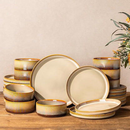 TheTerra Ceramic Dinnerware Sets for 8, 24 Pieces Porcelain Lightweight Plates and Bowls Sets, Scratch Resistant Dish Set, Oven & Microwave & Dishwasher Safe, Creamy Amber