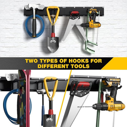Garage Tool Organizer Wall Mount with 32 inches Rails and Adjustable Heavy-Duty Hooks, Garden Tool Organizer, Carries 300 lbs, Heavy Duty Garage Storage Rack For Yard, Shed, Workshop, Easy to Install