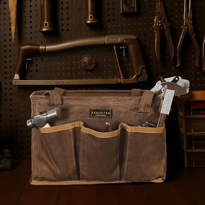 13.5-Inch Foldable Open Top Waxed Canvas Tool Bag, Multi-Purpose Wrench Tool Pouch with Handle, Durable and Water Resistant(Grey)